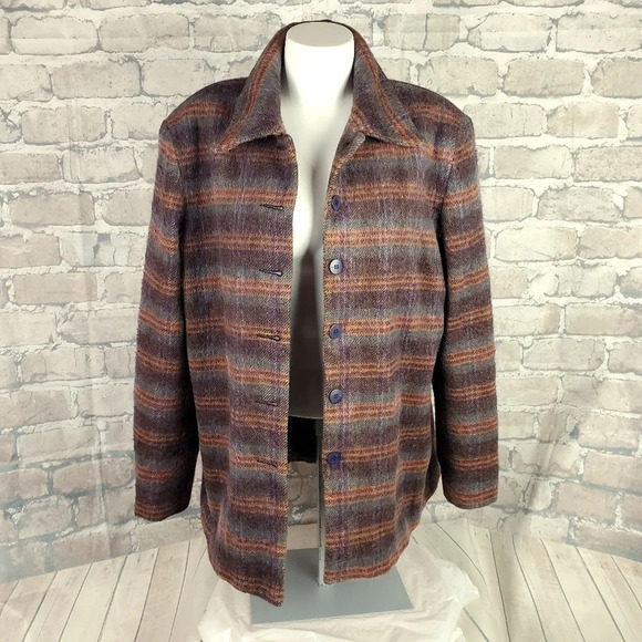 Vintage Wool Mohair  Plaid Shacket Plum Teal Orange Button Front Size 16 Grunge - Picture 4 of 11